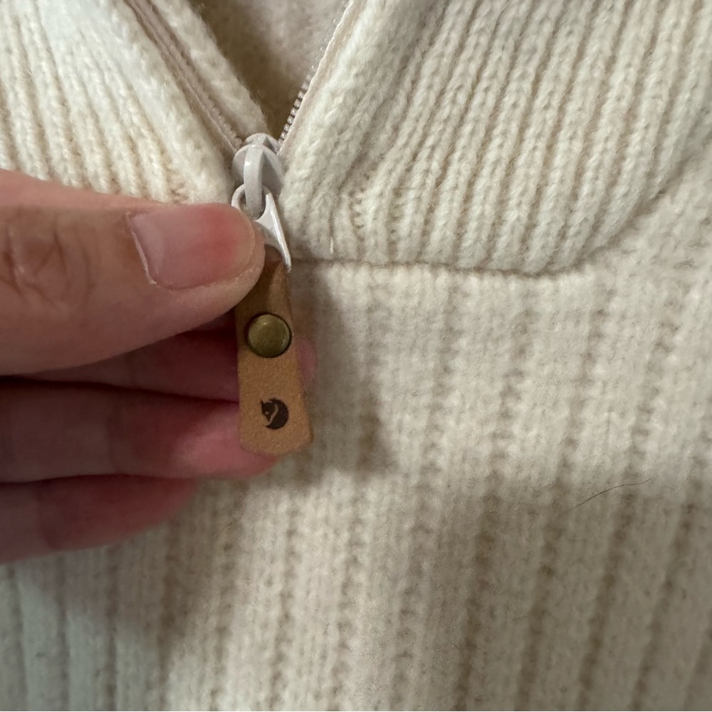 Fjällräven Övik Half Zip Knit Wool Sweater Chalk White Brown Elbow Patch-Small - Picture 5 of 12